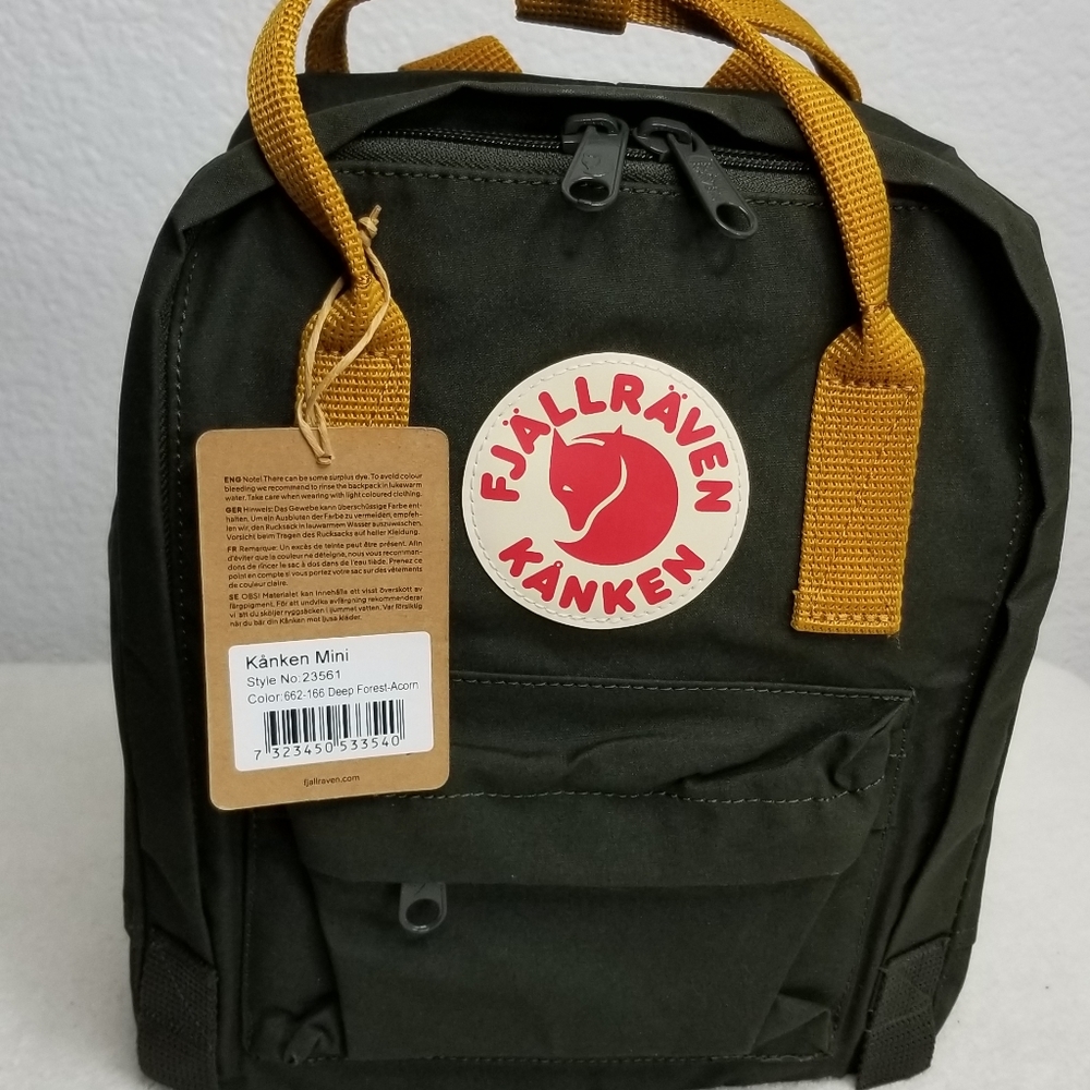 GENTLY USED. Fjallraven Kanken Mini Backpack in Deep Forest and Acorn